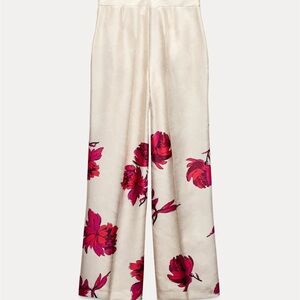SATIN FLORAL PRINT TROUSERS - White / Red ZARA BRAND NEW WITH TAG